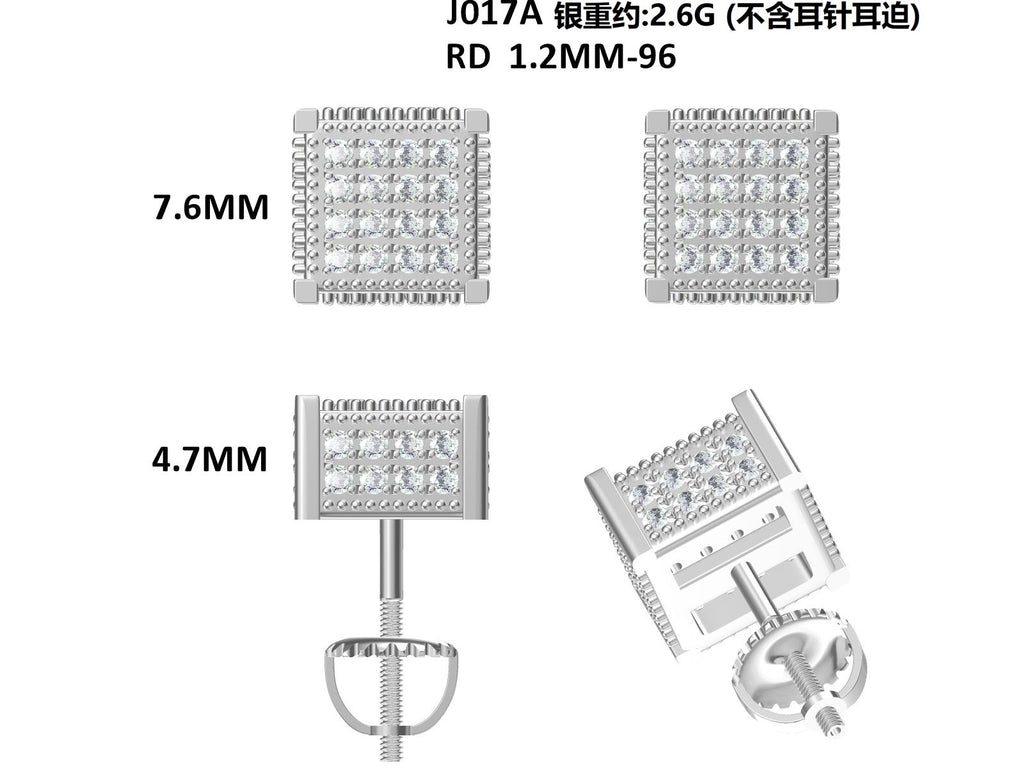 S925 Argent Sterling 96pcs D Couleur VVS1 Moissanite 3D Boucles d'oreilles en cube 7.6mm Vis retour