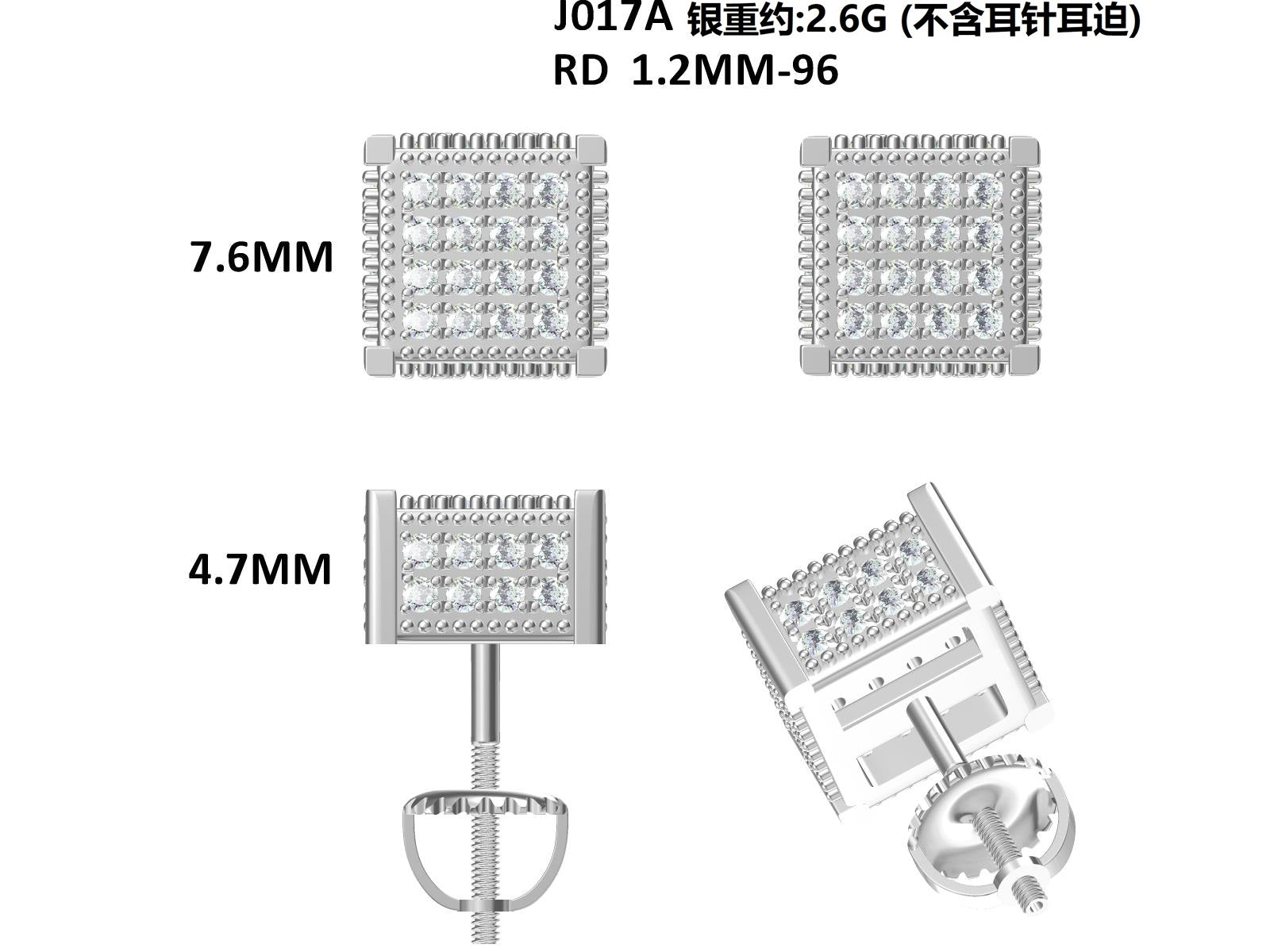S925 Argent Sterling 96pcs D Couleur VVS1 Moissanite 3D Boucles d'oreilles en cube 7.6mm Vis retour