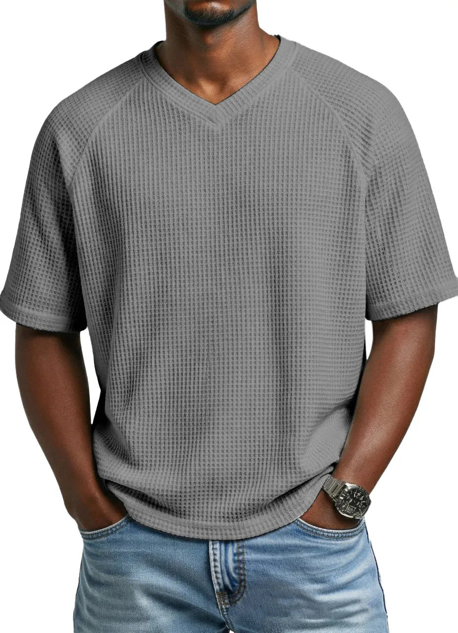 Hommes S Mode Waffle tricot côtelé manches V cou manches courtes T-shirt pour le transport quotidien