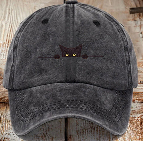 Chapeau en coton lavé imprimé chat avec une finition difficile