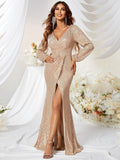 Robe de soirée en V à col pailleté manches longues Haute Slit Slim