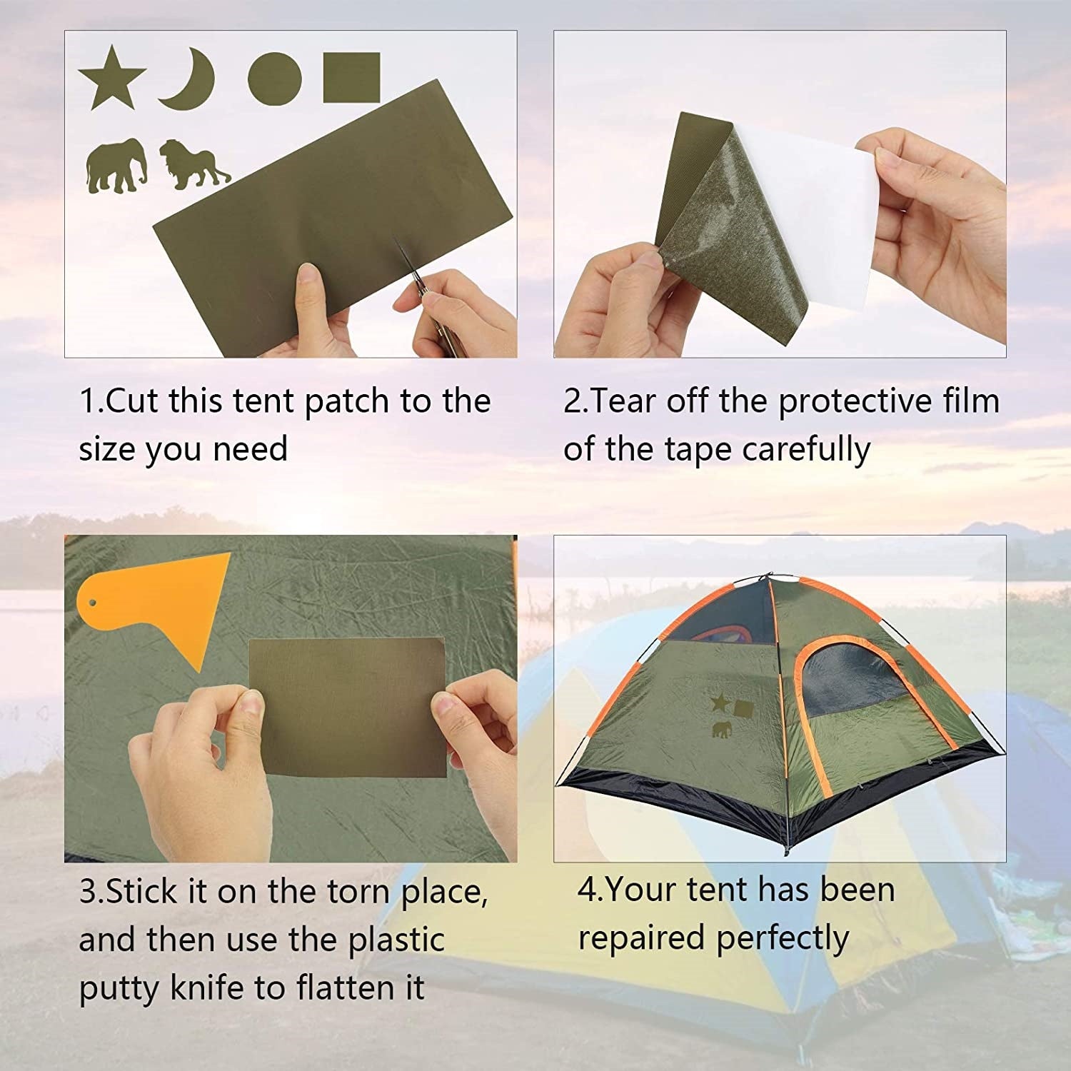 Kit de réparation de tente avec 6 Patchs et 10 bandes adhésives vertes – un kit de réparation pratique pour quand