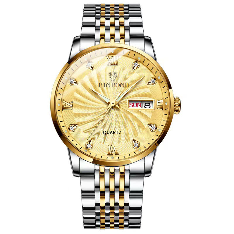 Fashion Quartz Montres en acier Ceinture Double Calendrier Montres Homme Imperméable