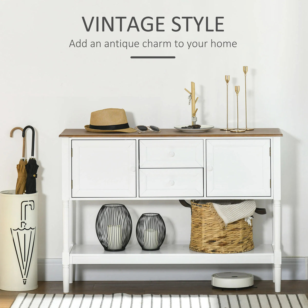 Table de console vintage avec 2 tiroirs et armoires