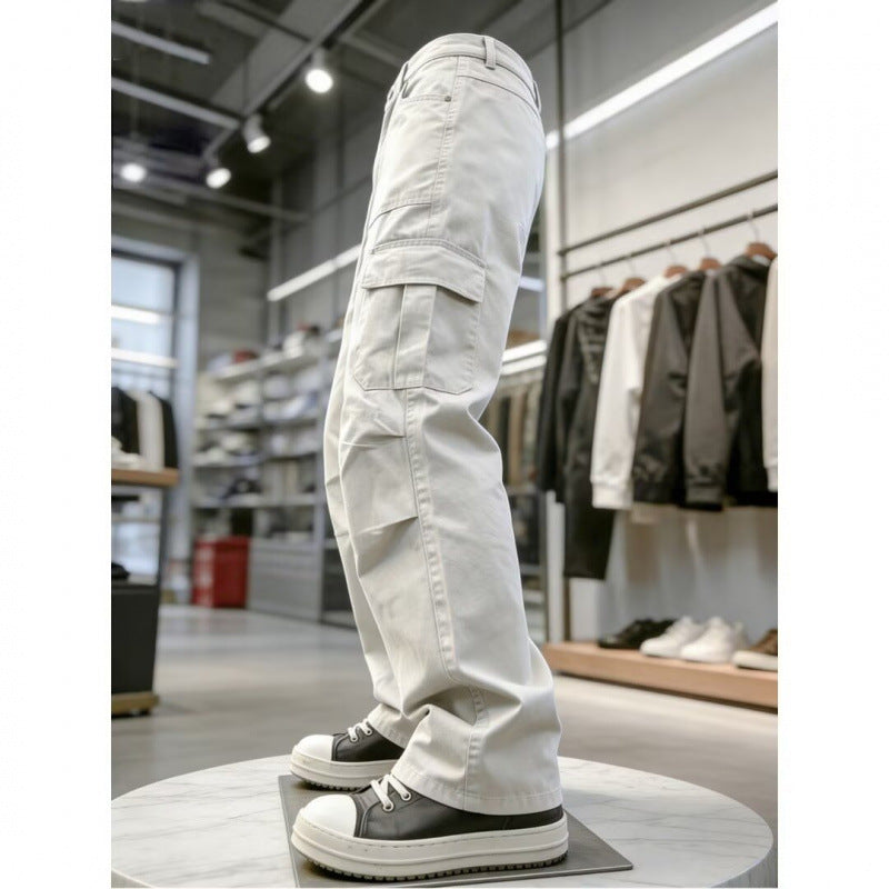 Pantalons de travail multi-pochettes rétro blanc mince