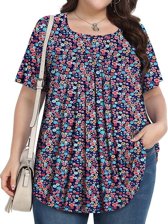 T-shirt casual à col rond à manches courtes avec imprimé floral plus taille