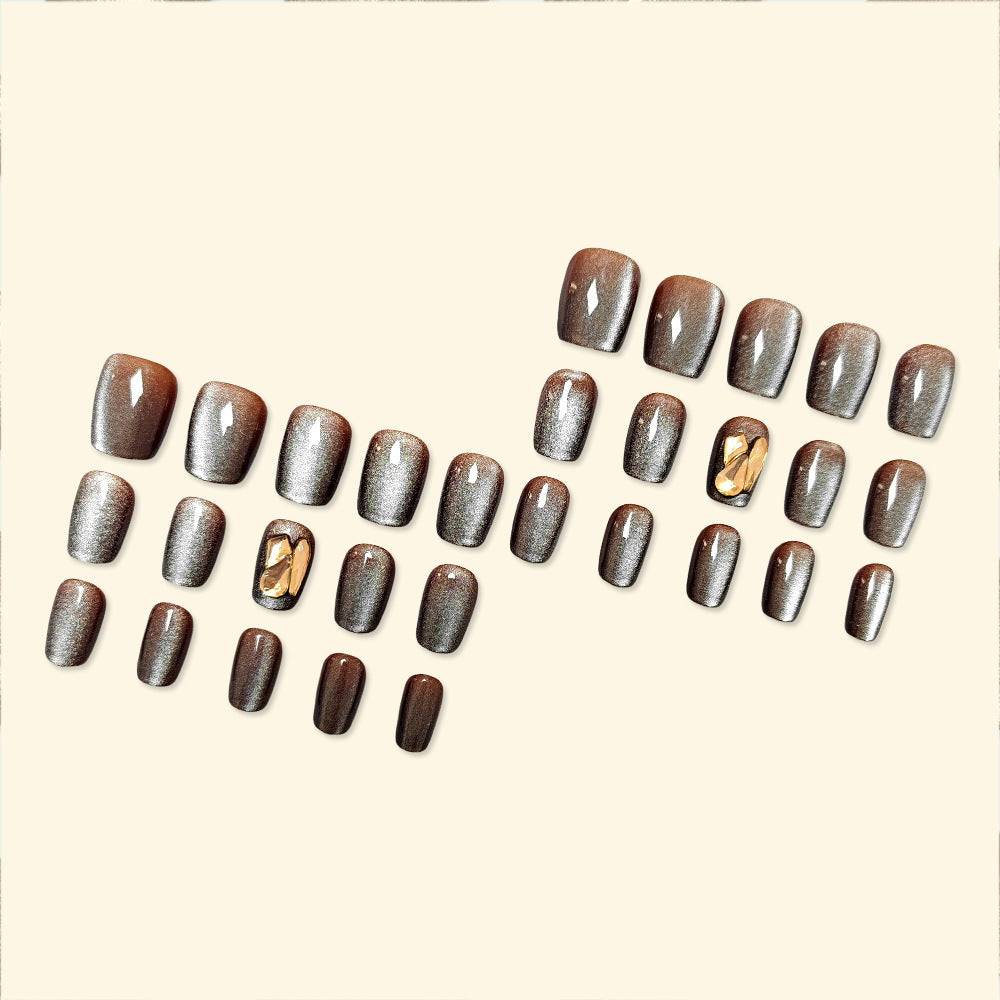 Y2K Faites vous-même glamour 30 pièces de faux ongles carrés taillés Coffee Cat's Eye Rhins