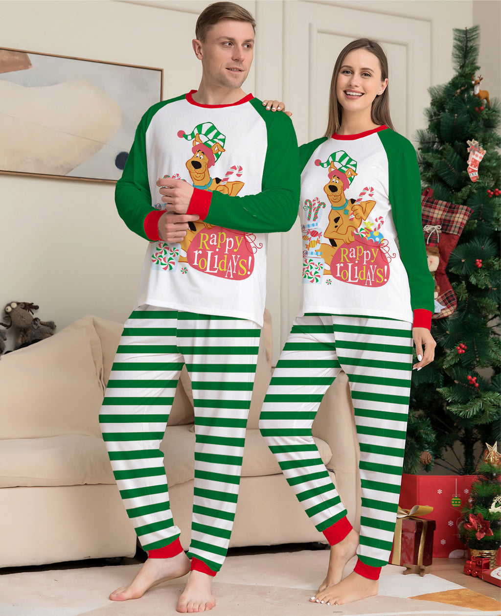 Green Cartoon Striped Long Sleeves Festival Vêtements de maison Pajamas