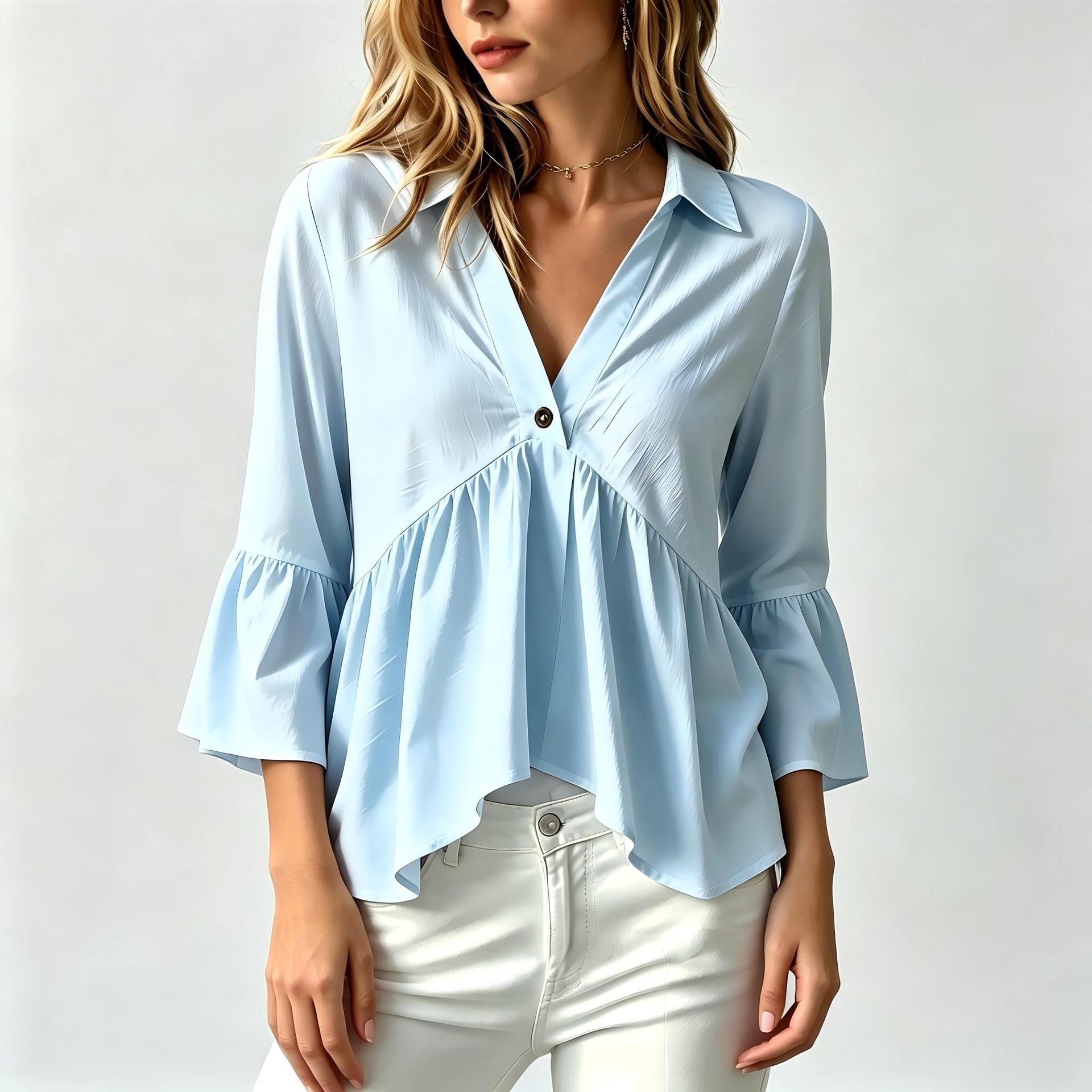 Chemise de couleur unie pour femmes avec un col et des manches volantes
