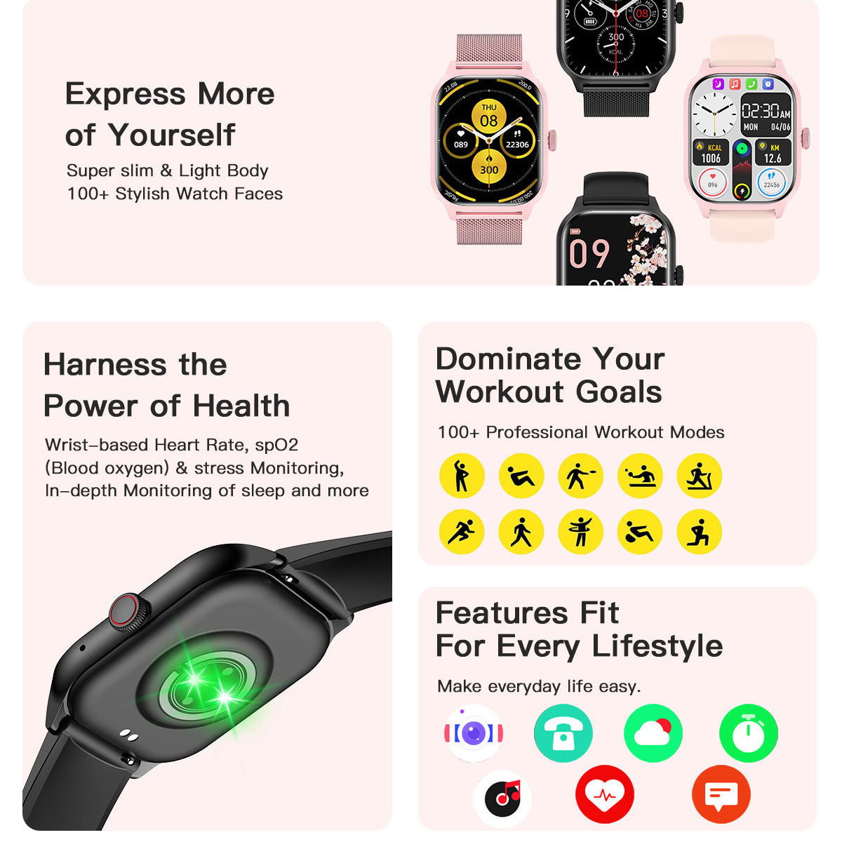Multifonctionnel Bluetooth Appel Heart Rate Blood Pression Surveillance du sommeil Santé sportive