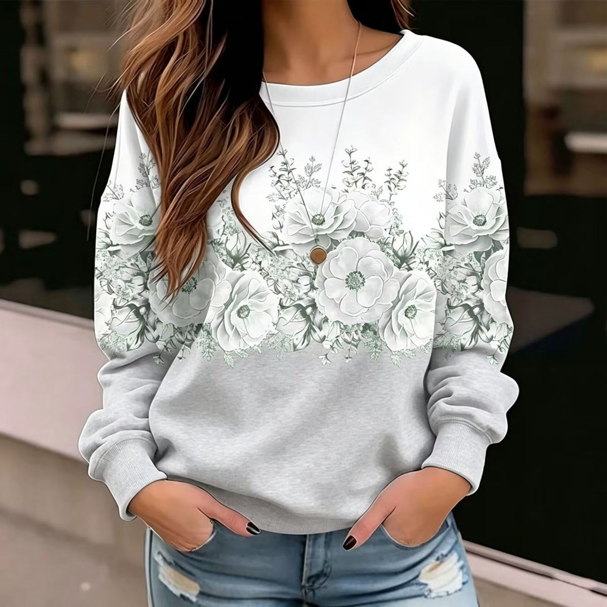 Sweatshirt imprimé floral à col rond pour femme