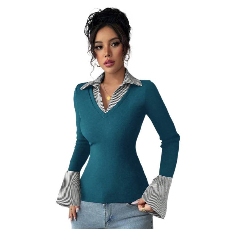 Lapel mode haut casual et chic tricoté avec manches longues