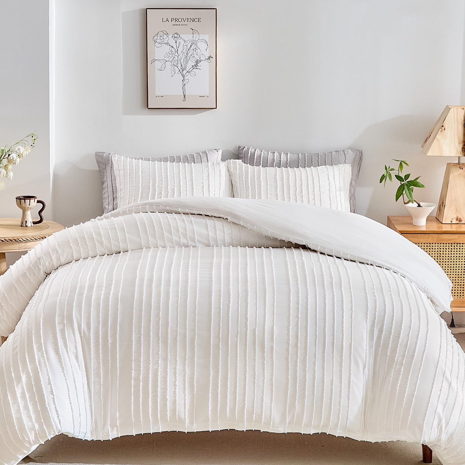 Couverture de couette blanc à rayures tufted en polaire Accueil Textile Literie Ensemble à trois pièces