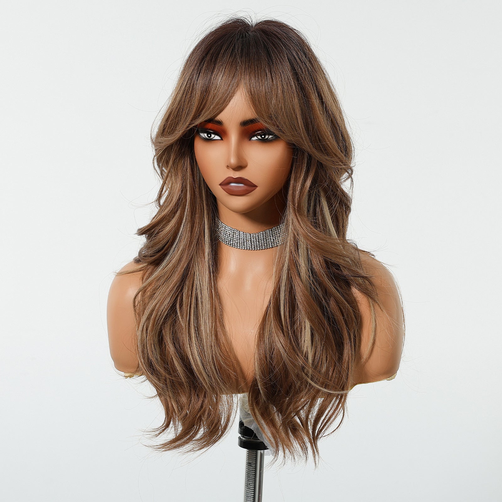 Marron-or Ombre Rose Mesh Huit caractères Bangs Fashionable Long Curls