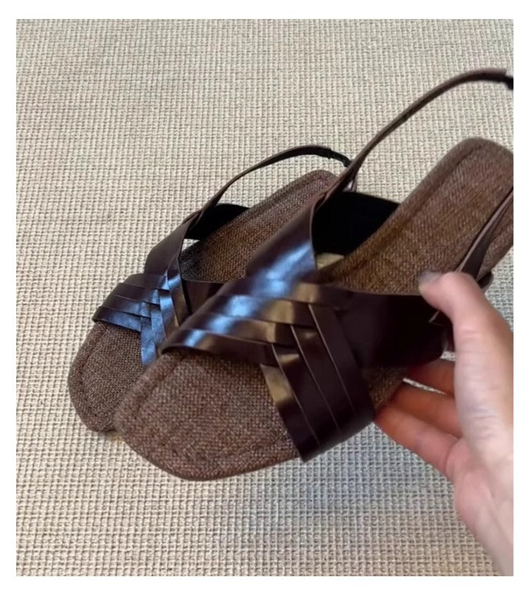Femmes Retro Woven Cross Strap Plat ouvert Toe Sandales Casual