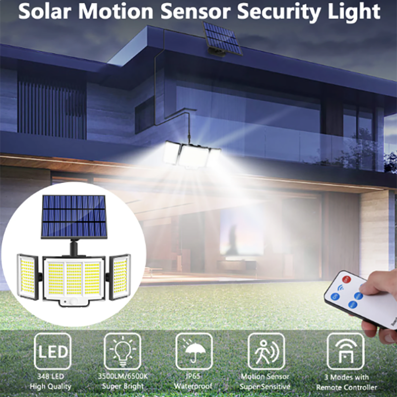 1,2 Pack Solar Lights Outdoor 348 LED Motion Sensor Lights With Remote Control 3 Head Wate