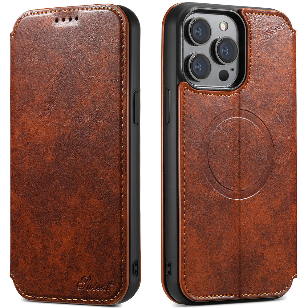Boîtier de téléphone de protection sans fil de chargeur magnétique en cuir