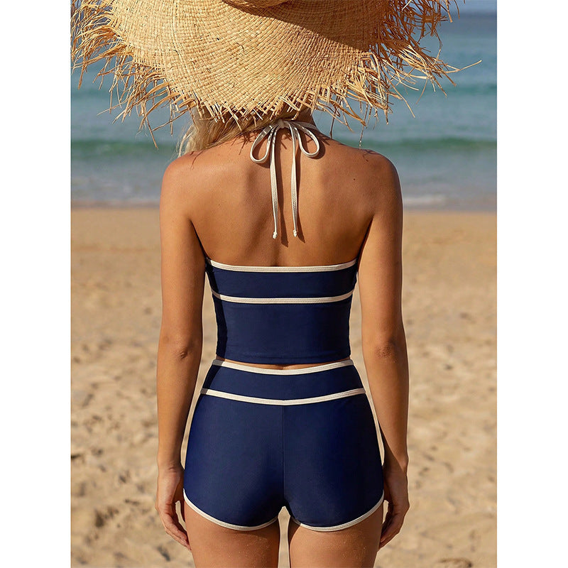 Femme Dentelle-Up Colorblock Bikini maillot de bain deux pièces