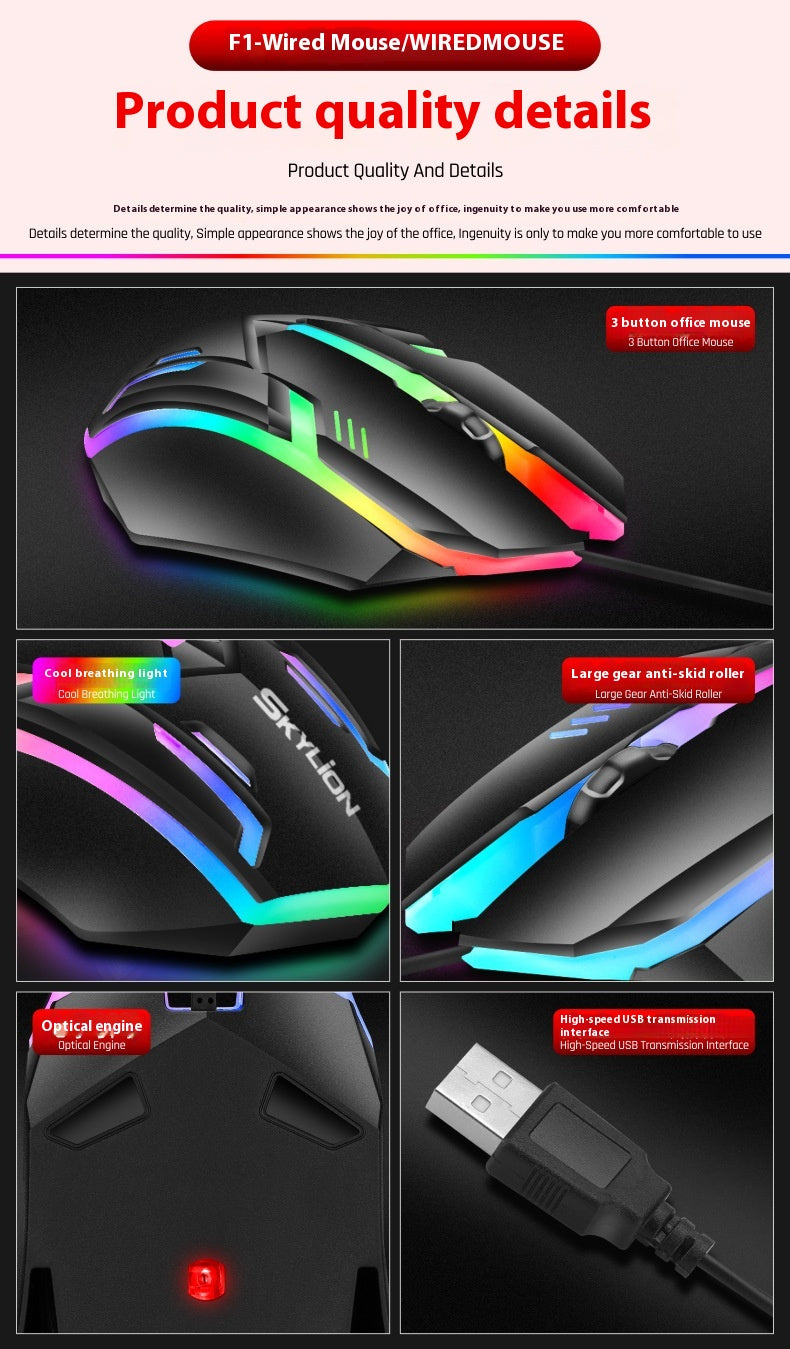 Wired Luminous Mouse Office Accueil Jeux Ordinateurs de bureau USB et Ordinateur portable Universal PlayerUn
