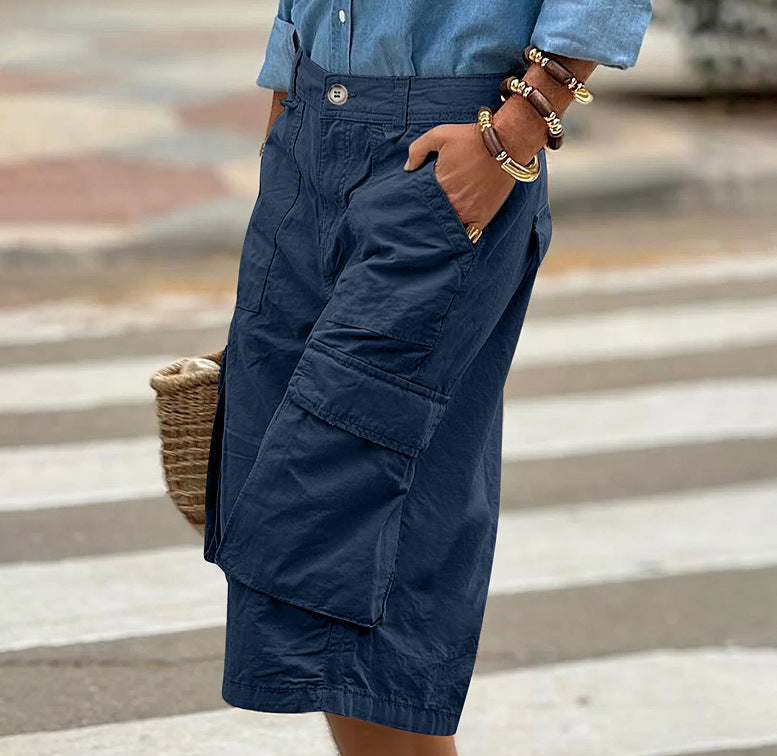 Femmes Cargo Capri Pantalons Multi Pocket High Waist Loose Large Jambe Cropped Pantalons Summer Cas
