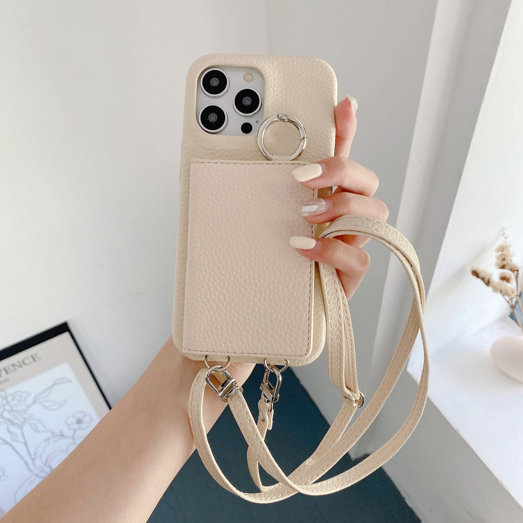 Motif Lychee Gauche et Droite Ouvert Miroir Beauté Étui de téléphone Lanyard
