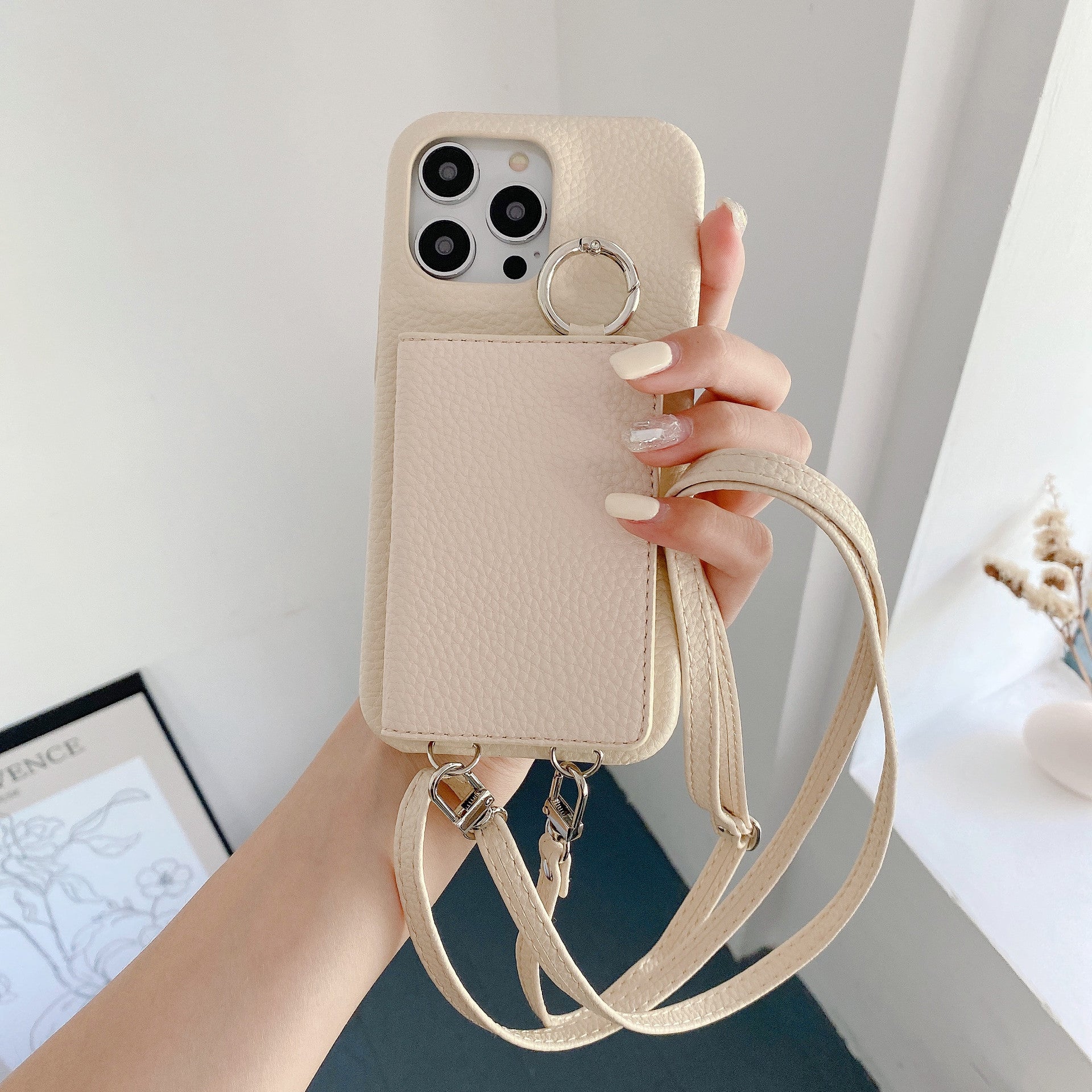 Motif Lychee Gauche et Droite Ouvert Miroir Beauté Étui de téléphone Lanyard