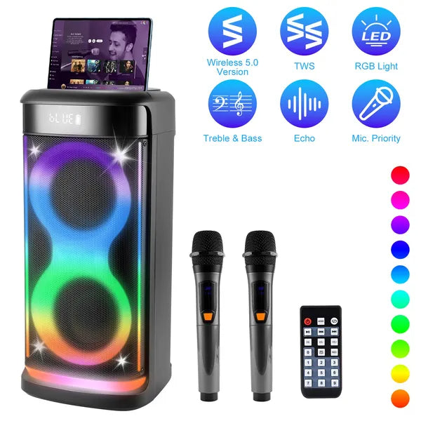 Haut-parleur de partie sans fil portable avec lumière LED sans fil Mic télécommande TWS Treble Basse