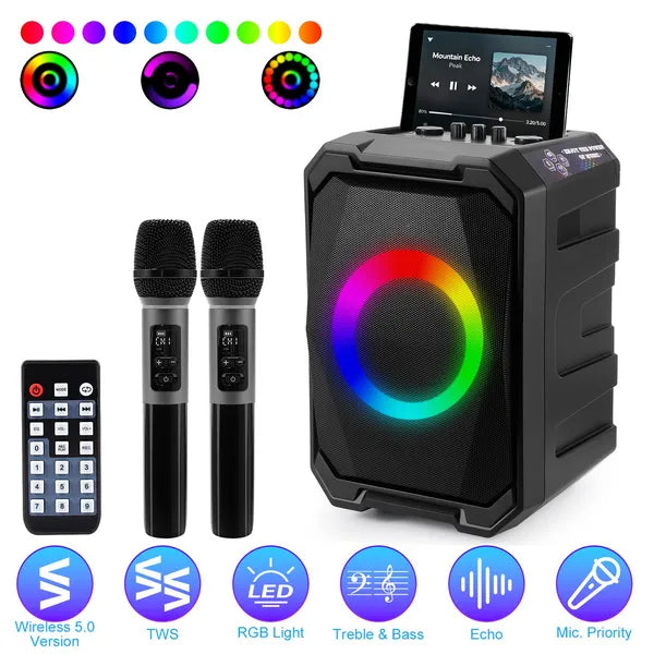 Haut-parleur de partie sans fil portable avec lumière LED 2 sans fil Mics télécommande TWS Music Ac