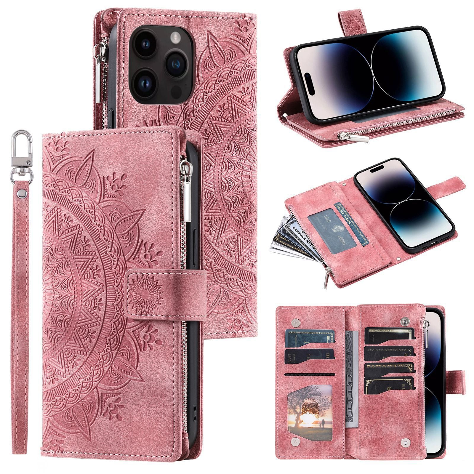 Multi-carte Embossed Totem carte en cuir zipper sac de téléphone