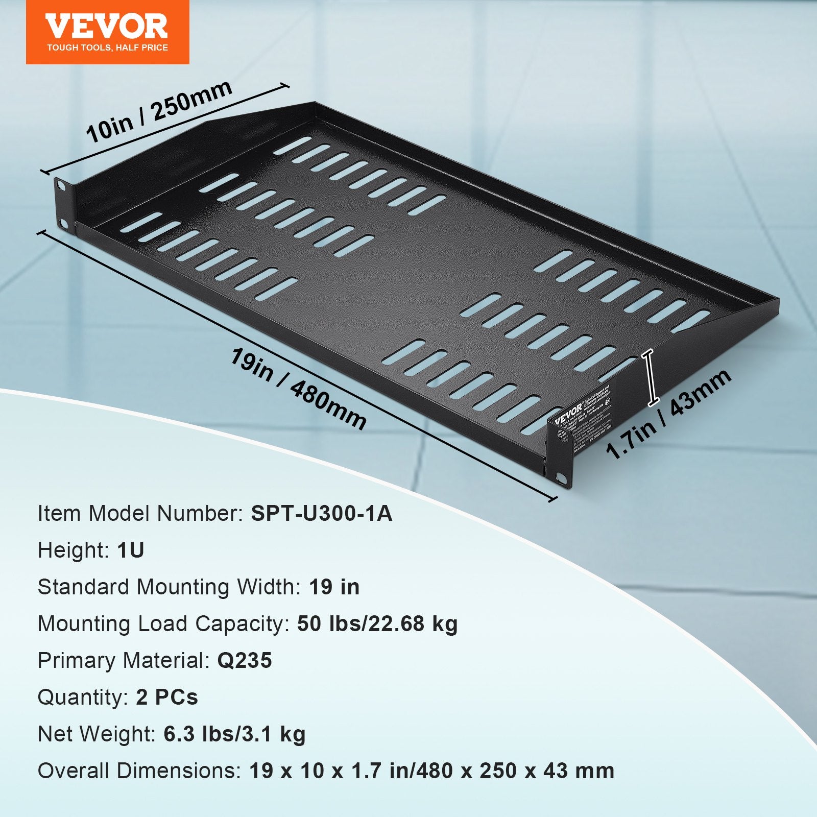 VEVOR 2PCS 1U Serveur Plateau Profondeur Éventé Plateau de support de rack