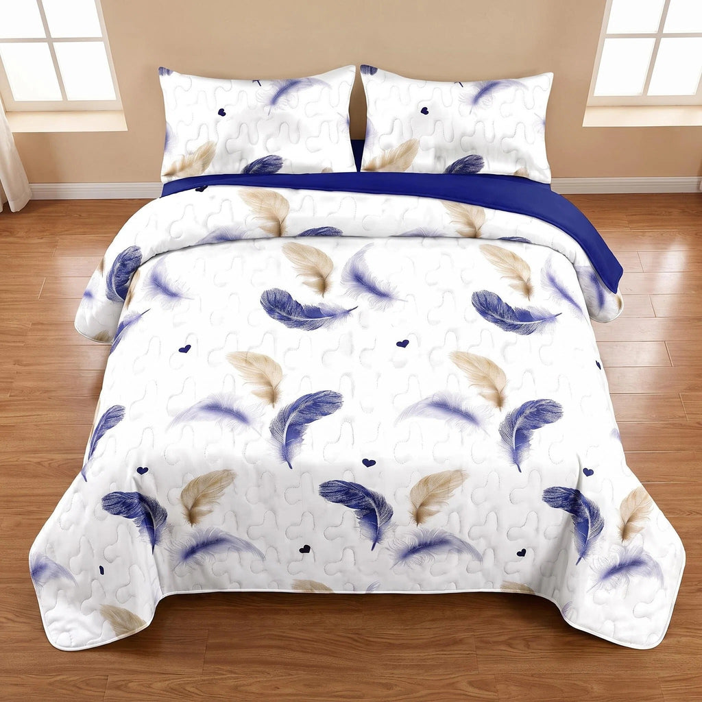3 pièces blanc or et bleu plume lit couvre-couche pour roi et roi de Californie