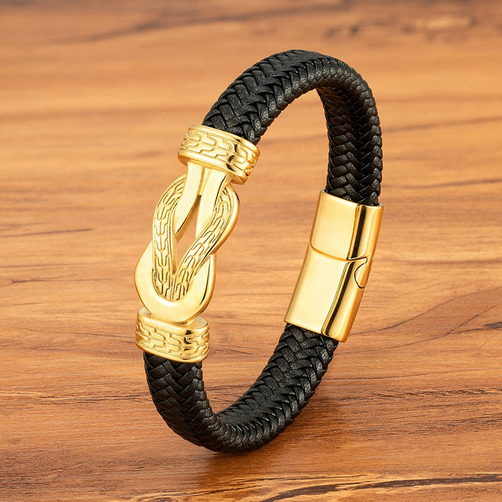 Bracelet en cuir tissé de café noir avec fermoir magnétique or et acier