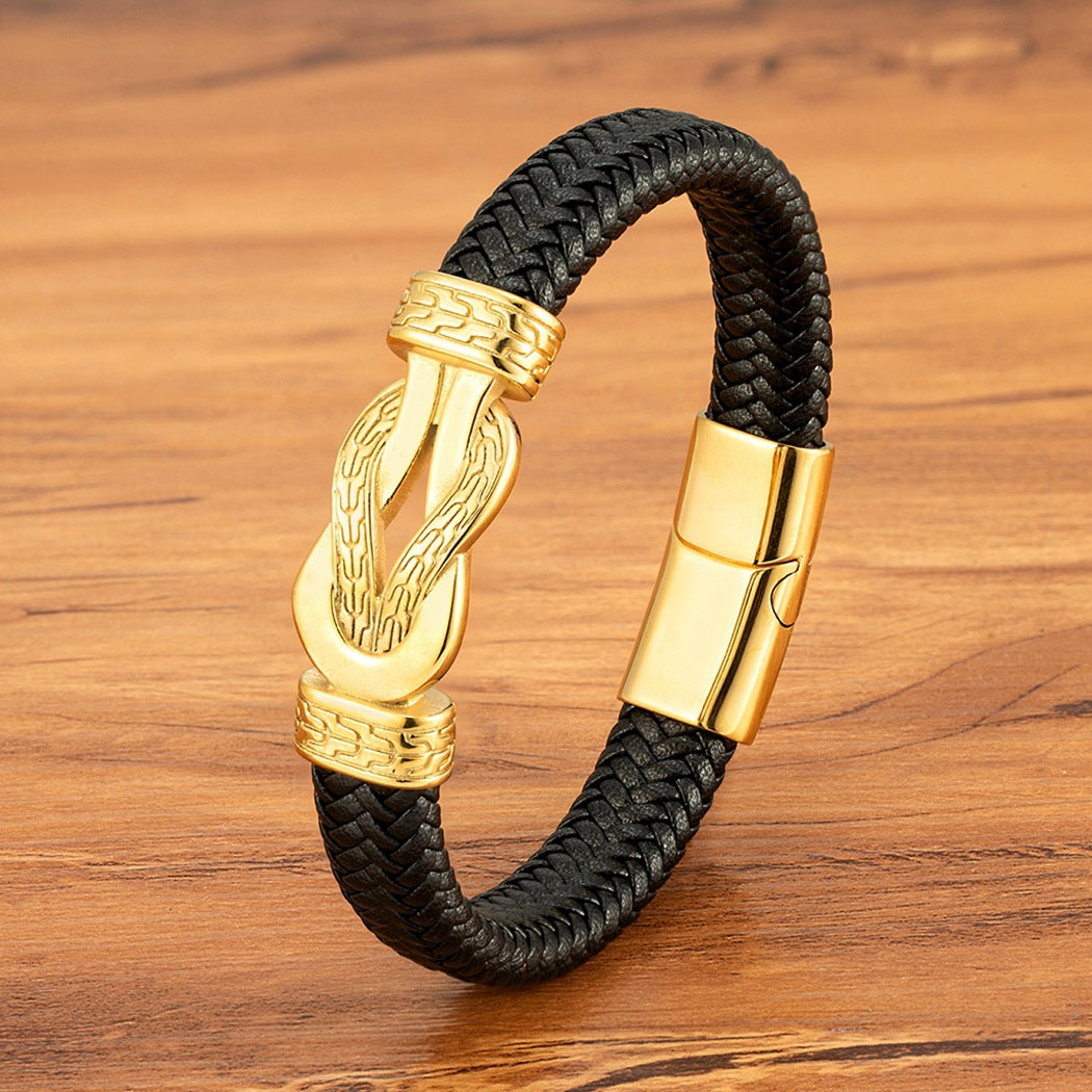 Bracelet en cuir tissé de café noir avec fermoir magnétique or et acier
