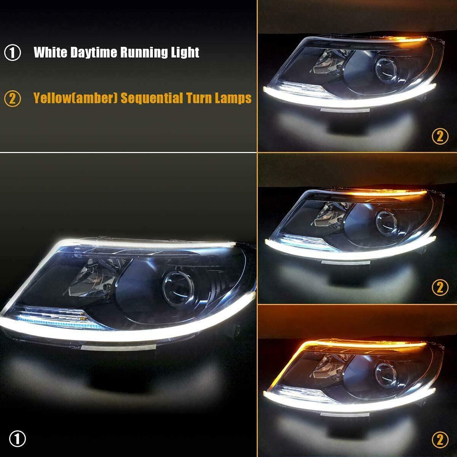 2Pcs 60cm Flexible Switchback LED Bandes lumineuses blanc et ambre DRL Turn Signal 12V IP68 Wate