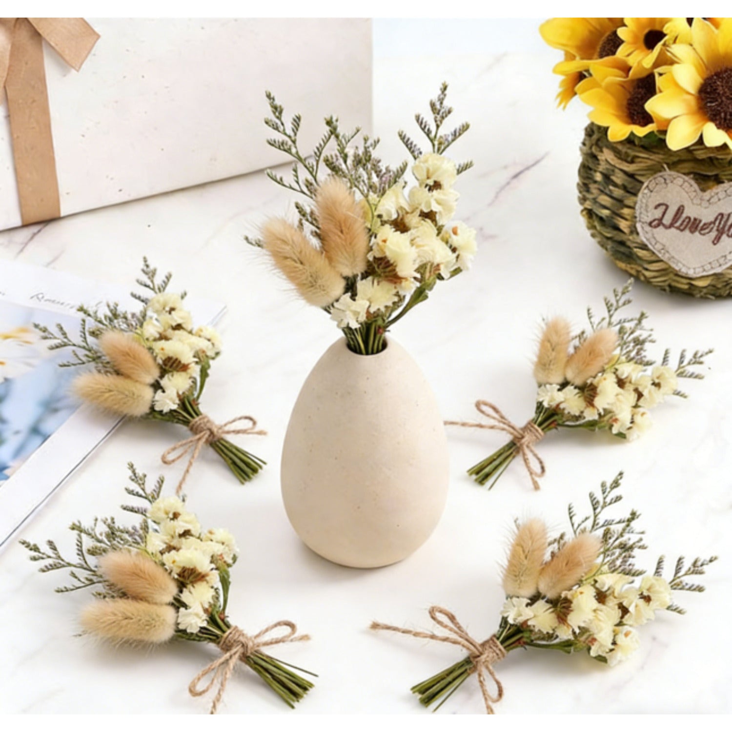 6 Mini Bouquets de fleurs séchés faits à partir de la queue de lapin artisanale et Forget-Me- Nots Fo