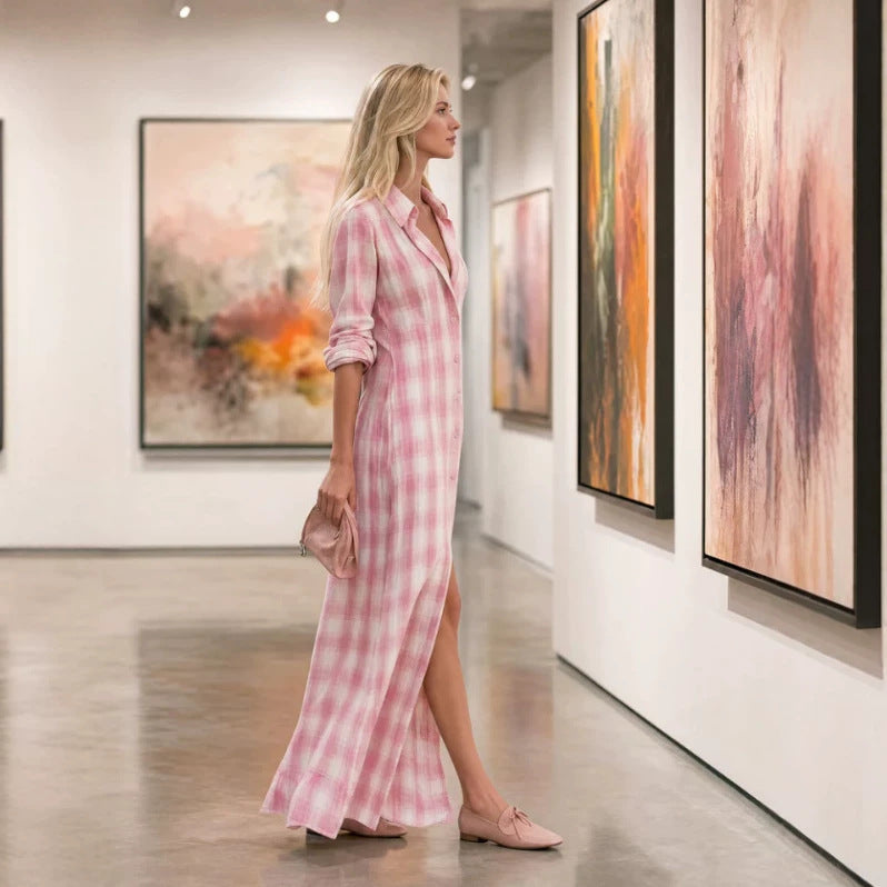 Robe Retro Casual Plaid Maxi