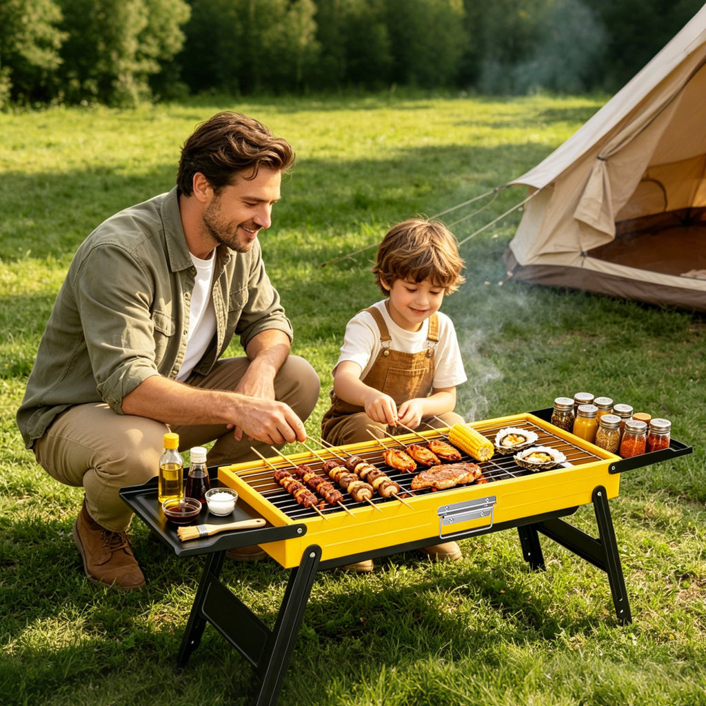 1Pc Portable pliant Charcoal Grill en acier inoxydable Camping BBQ Grill avec panneaux latéraux Com
