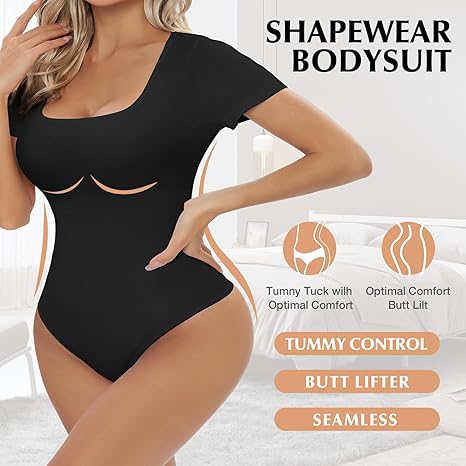 Sans couture Cou carré Combinaison pour femmes Tummy Control Short Sleeve String Shapewear Slim Fi