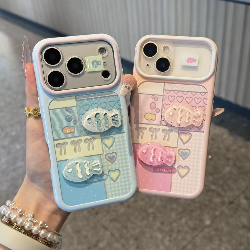 Coeur Plaid en bloc de couleur et cas de téléphone de poisson 3D