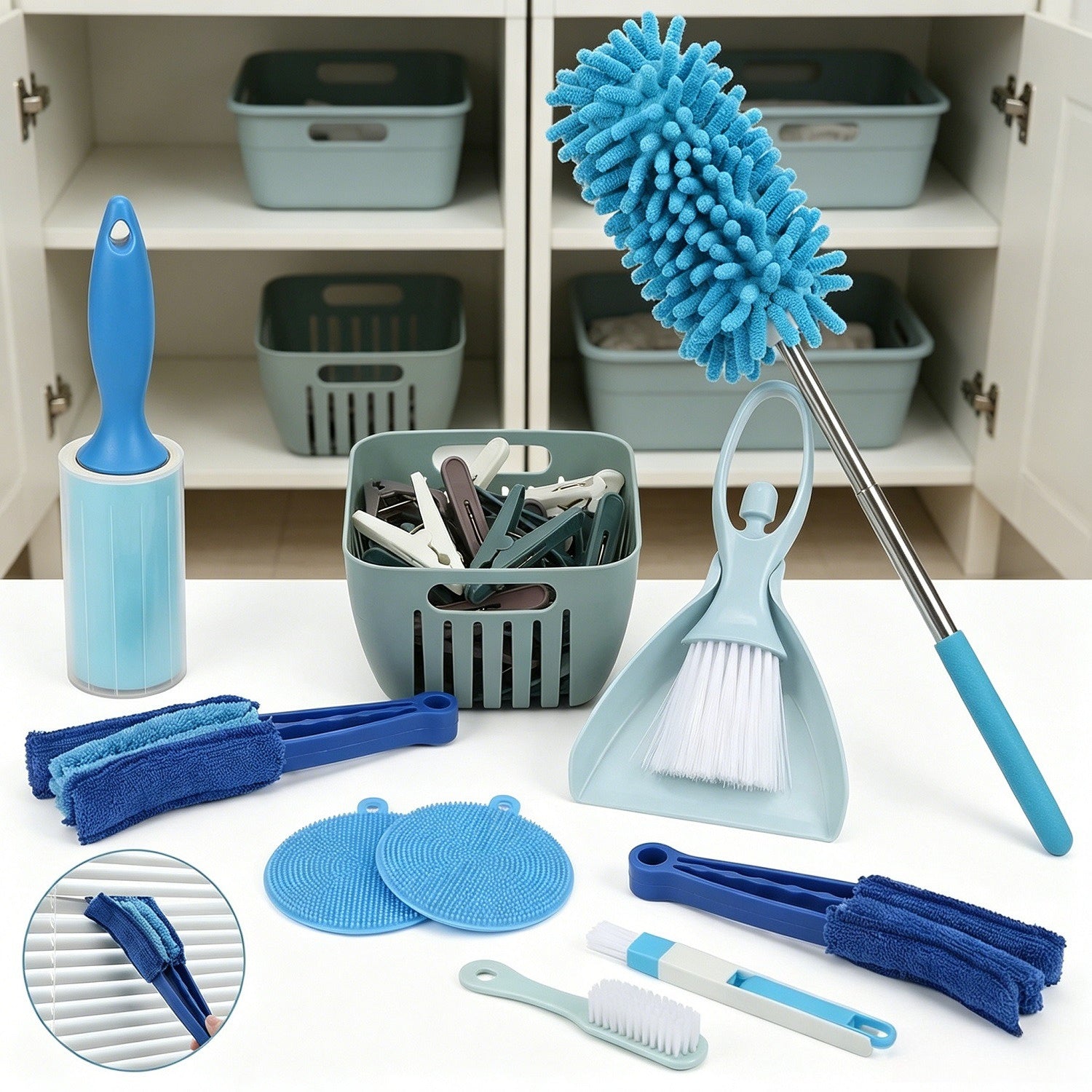 Ensemble de nettoyage ménager 35 pièces en bleu – Ensemble complet avec balai