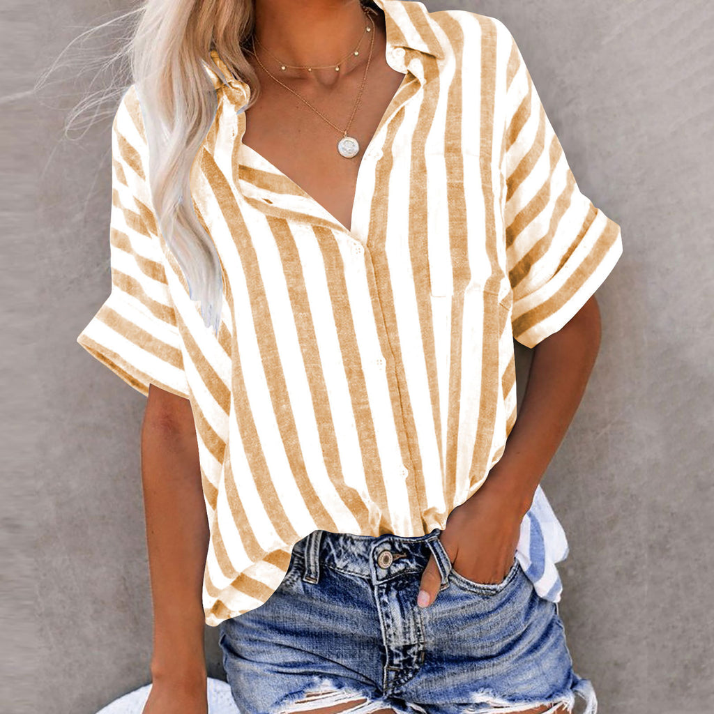 Madame manches courtes rayées Lapel casual bouton Pocket Cardigan manches courtes chemise