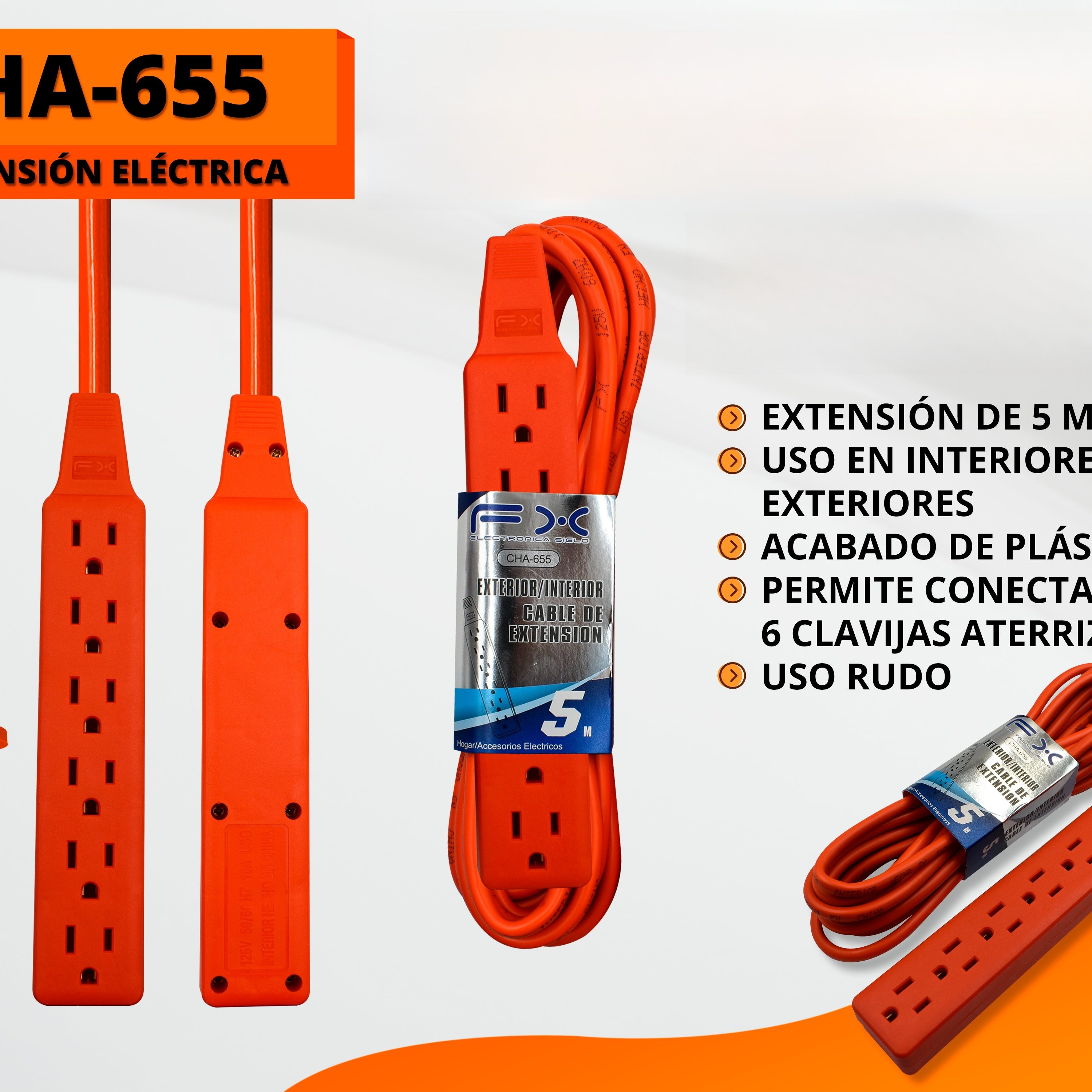 Rallonge de puissance bande de cordon à la terre 6-outlet intérieur / extérieur usage maison 5m orange