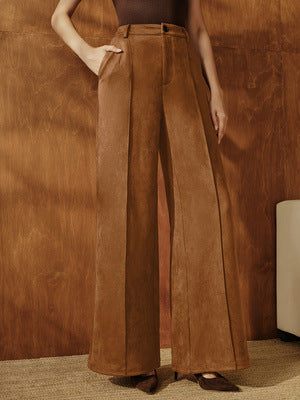 European and American Retro Suede Pantalons Wide-leg Femmes High-waited with A Draped Drape