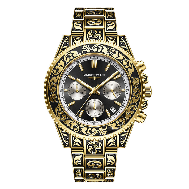 Vintage Engraving Quartz Multifunction Men's Watches
