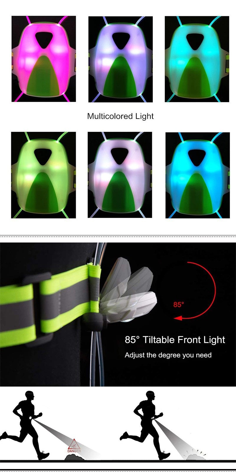 Lampes de sport de plein air Charge USB Veste réfléchissante amovible