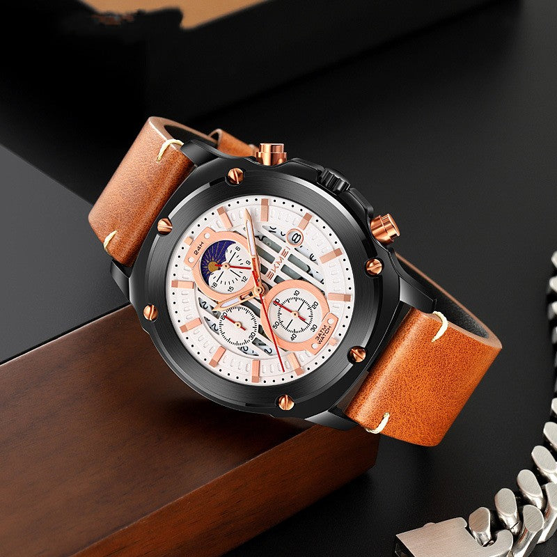 Montres de mode homme Tendance Ceinture homme montre trois yeux et six aiguilles montre Quartz