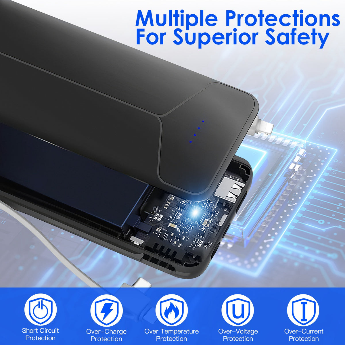 Portable Charger 10000mAh Power Bank with US Plug 2 Built-in Cables External Battery