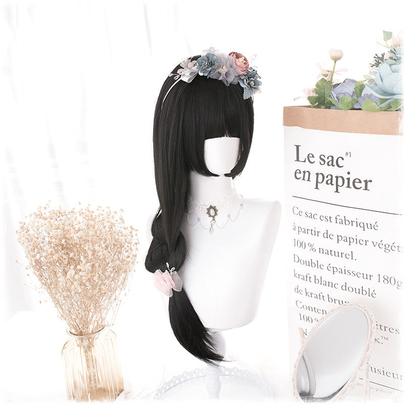 Manzhen Quotidien Noir Perruque longue droite fille