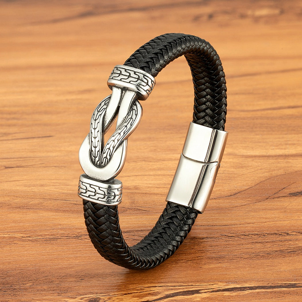 Bracelet en cuir tissé de café noir avec fermoir magnétique or et acier