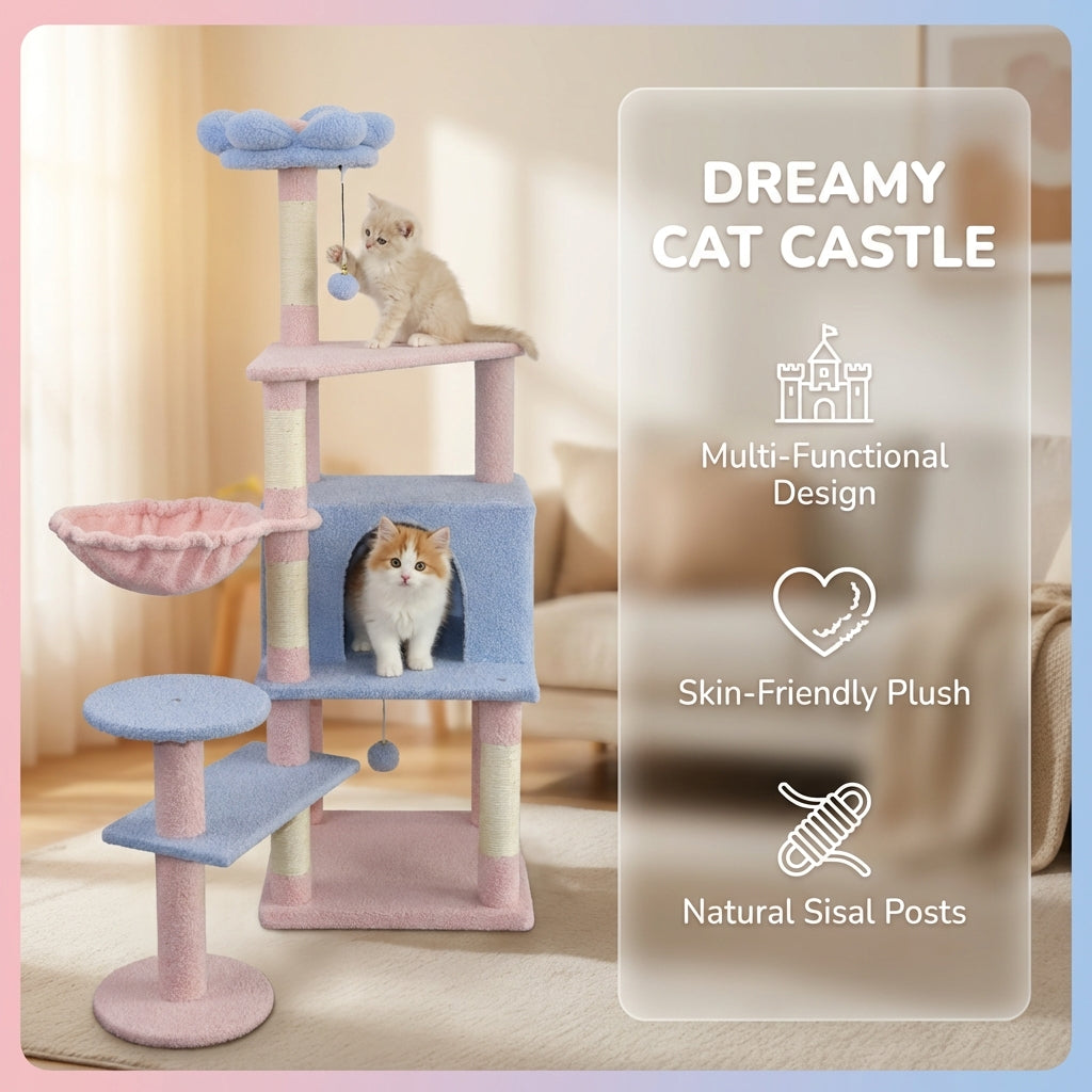 Arbre de chat fleur avec grand condo coussin de fleur amovible et hamac bleu